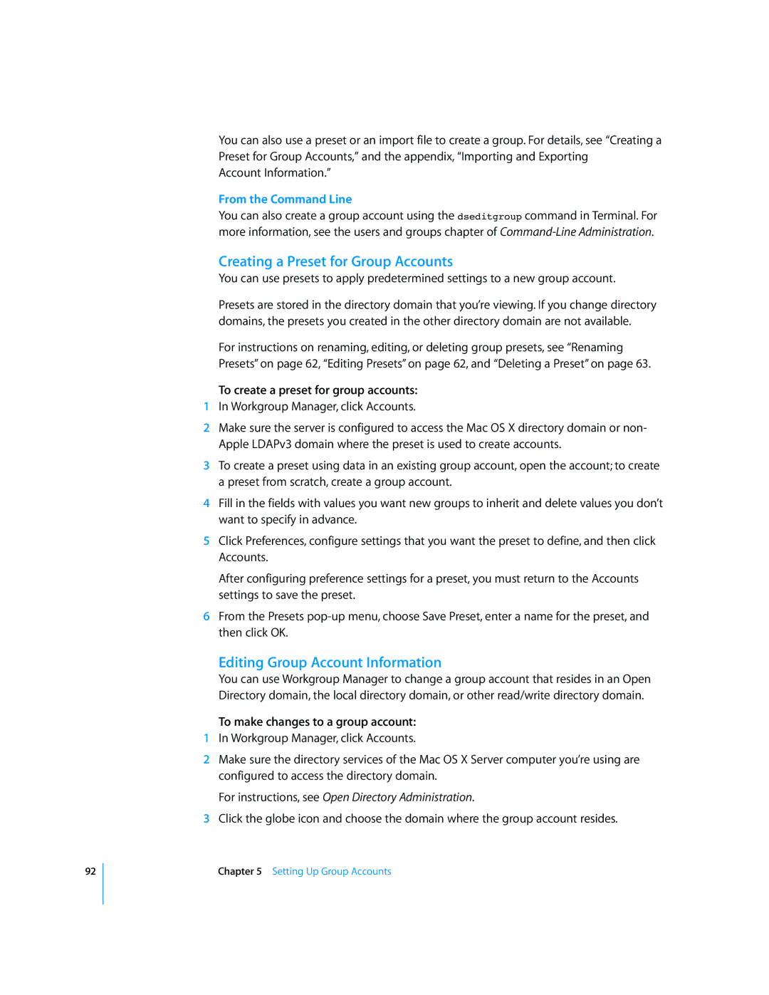 Apple 10.5 Leapard manual Creating a Preset for Group Accounts, Editing Group Account Information 