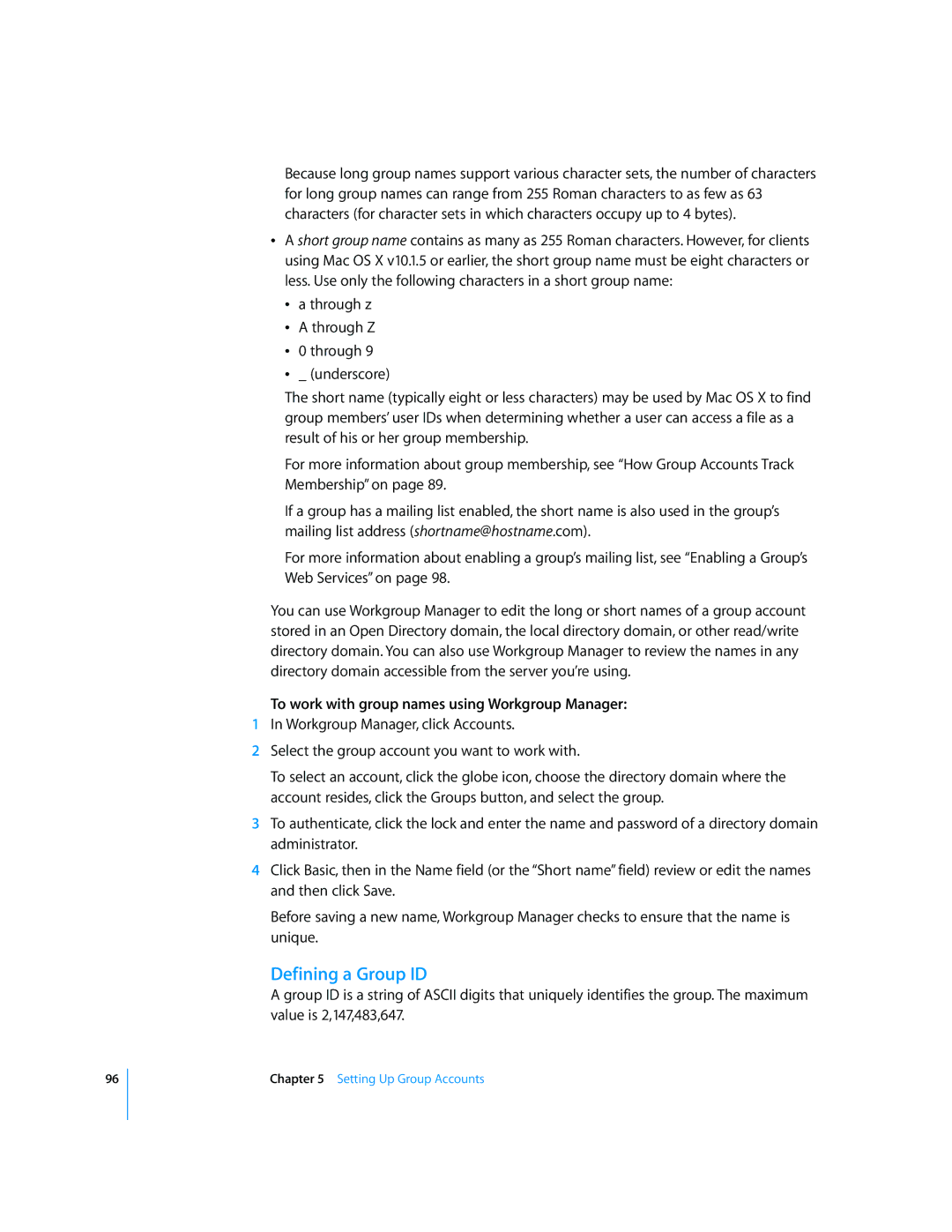 Apple 10.5 Leapard manual Defining a Group ID, To work with group names using Workgroup Manager 