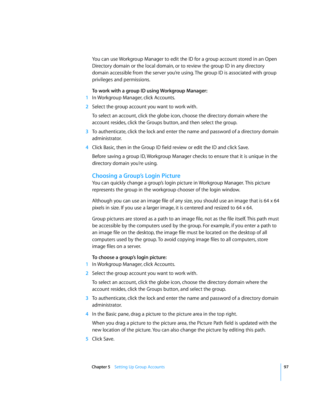 Apple 10.5 Leapard manual Choosing a Group’s Login Picture, To work with a group ID using Workgroup Manager 