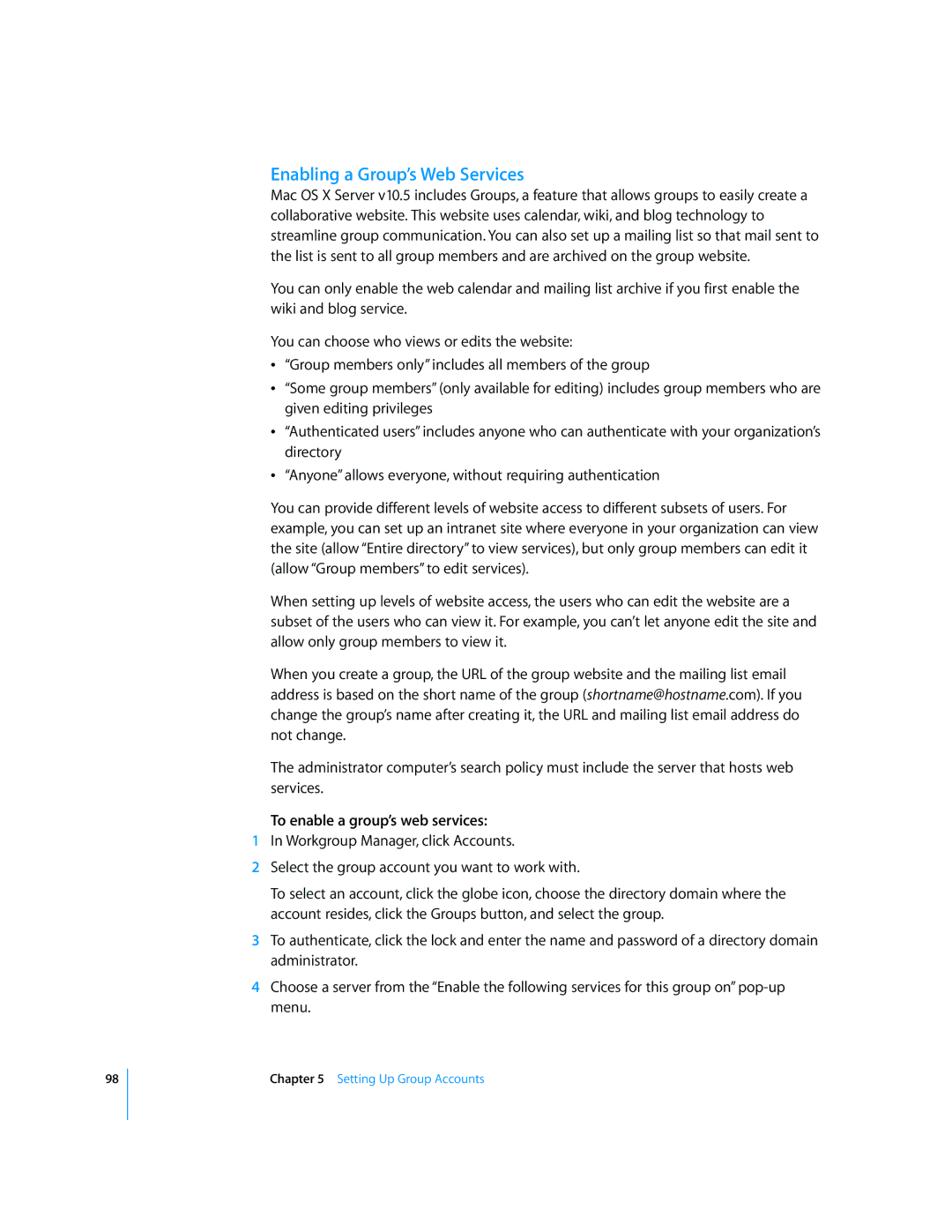 Apple 10.5 Leapard manual Enabling a Group’s Web Services, To enable a group’s web services 