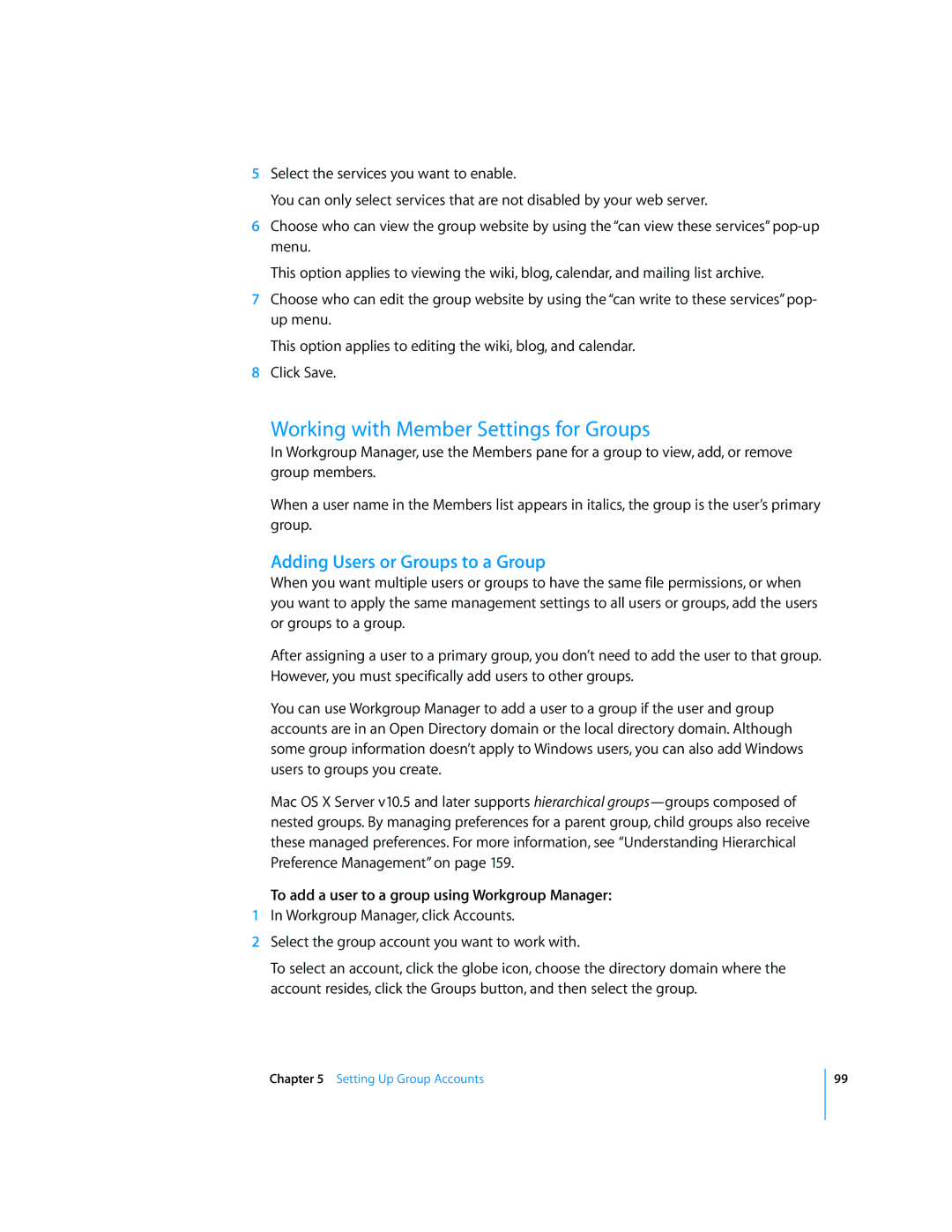 Apple 10.5 Leapard manual Working with Member Settings for Groups, Adding Users or Groups to a Group 