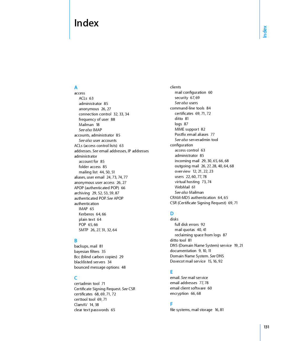 Apple 10.6 manual Index, Disks, 131 