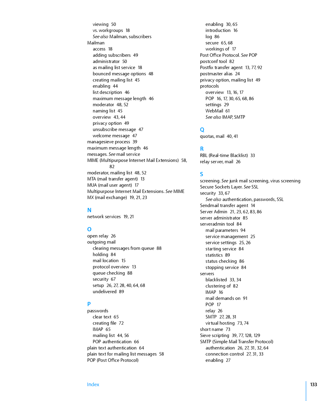 Apple 10.6 manual See also Mailman, subscribers Mailman, 133 
