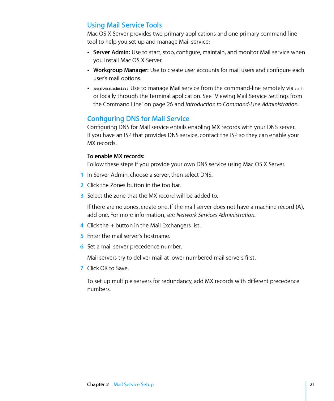 Apple 10.6 manual Using Mail Service Tools, Configuring DNS for Mail Service, To enable MX records 