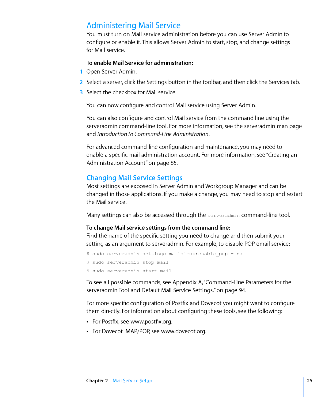 Apple 10.6 manual Administering Mail Service, Changing Mail Service Settings, To enable Mail Service for administration 