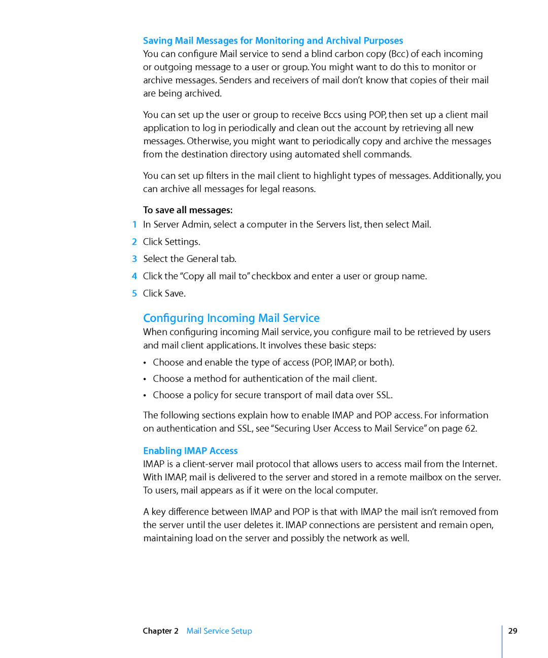 Apple 10.6 manual Configuring Incoming Mail Service, Saving Mail Messages for Monitoring and Archival Purposes 