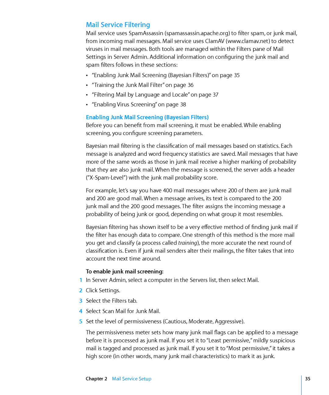Apple 10.6 manual Mail Service Filtering, Enabling Junk Mail Screening Bayesian Filters, To enable junk mail screening 