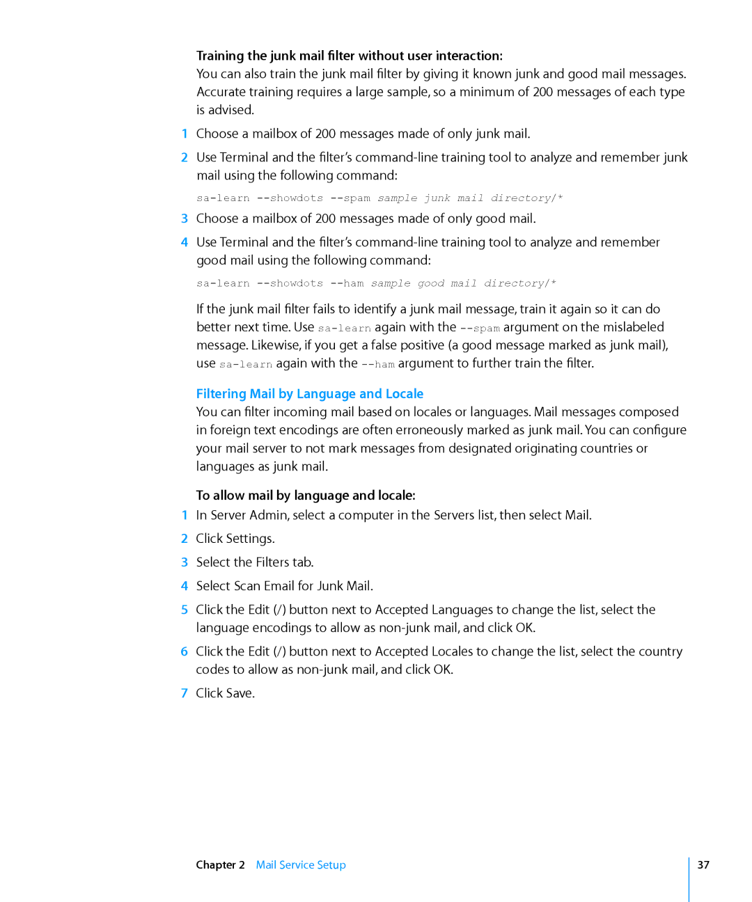 Apple 10.6 manual Training the junk mail filter without user interaction, Filtering Mail by Language and Locale 