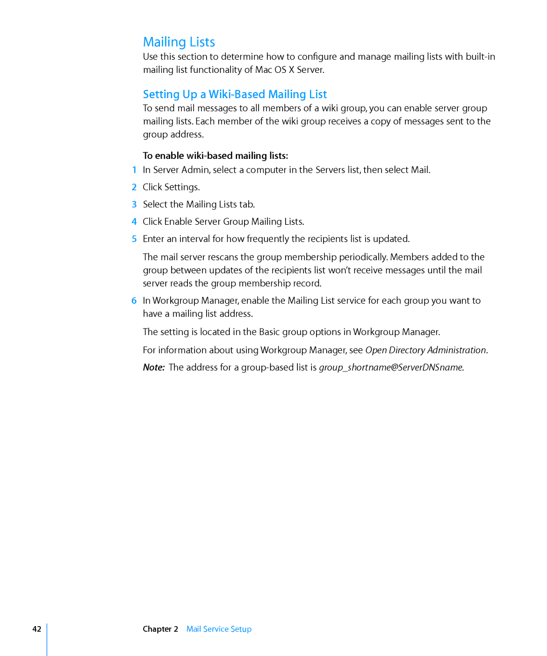 Apple 10.6 manual Mailing Lists, Setting Up a Wiki-Based Mailing List, To enable wiki-based mailing lists 