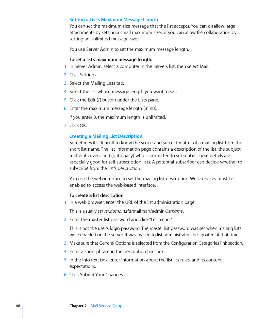 Apple 10.6 Setting a List’s Maximum Message Length, To set a list’s maximum message length, To create a list description 