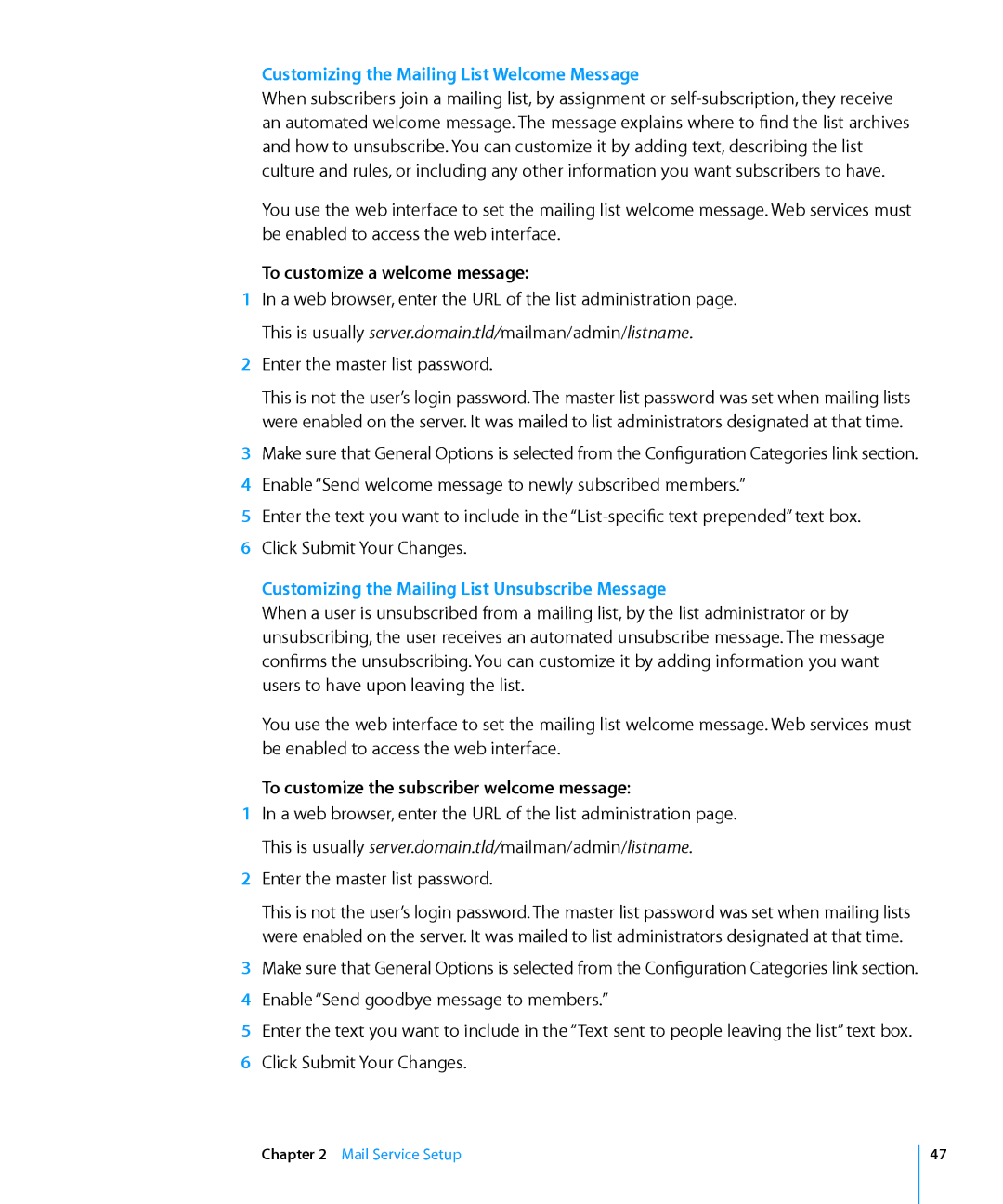 Apple 10.6 manual Customizing the Mailing List Welcome Message, To customize a welcome message 