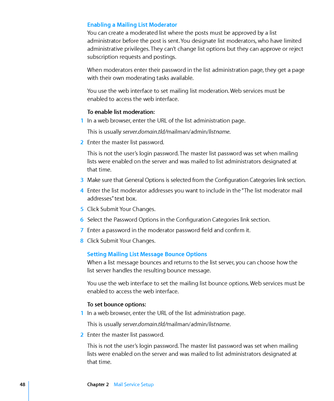 Apple 10.6 Enabling a Mailing List Moderator, To enable list moderation, Setting Mailing List Message Bounce Options 