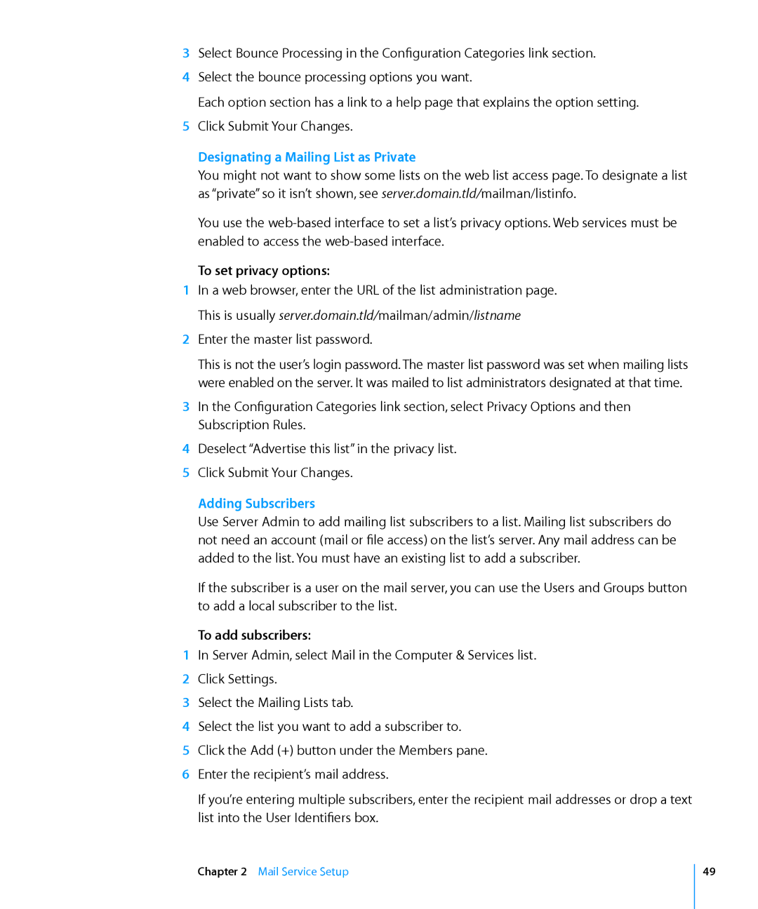 Apple 10.6 manual Designating a Mailing List as Private, To set privacy options, Adding Subscribers, To add subscribers 