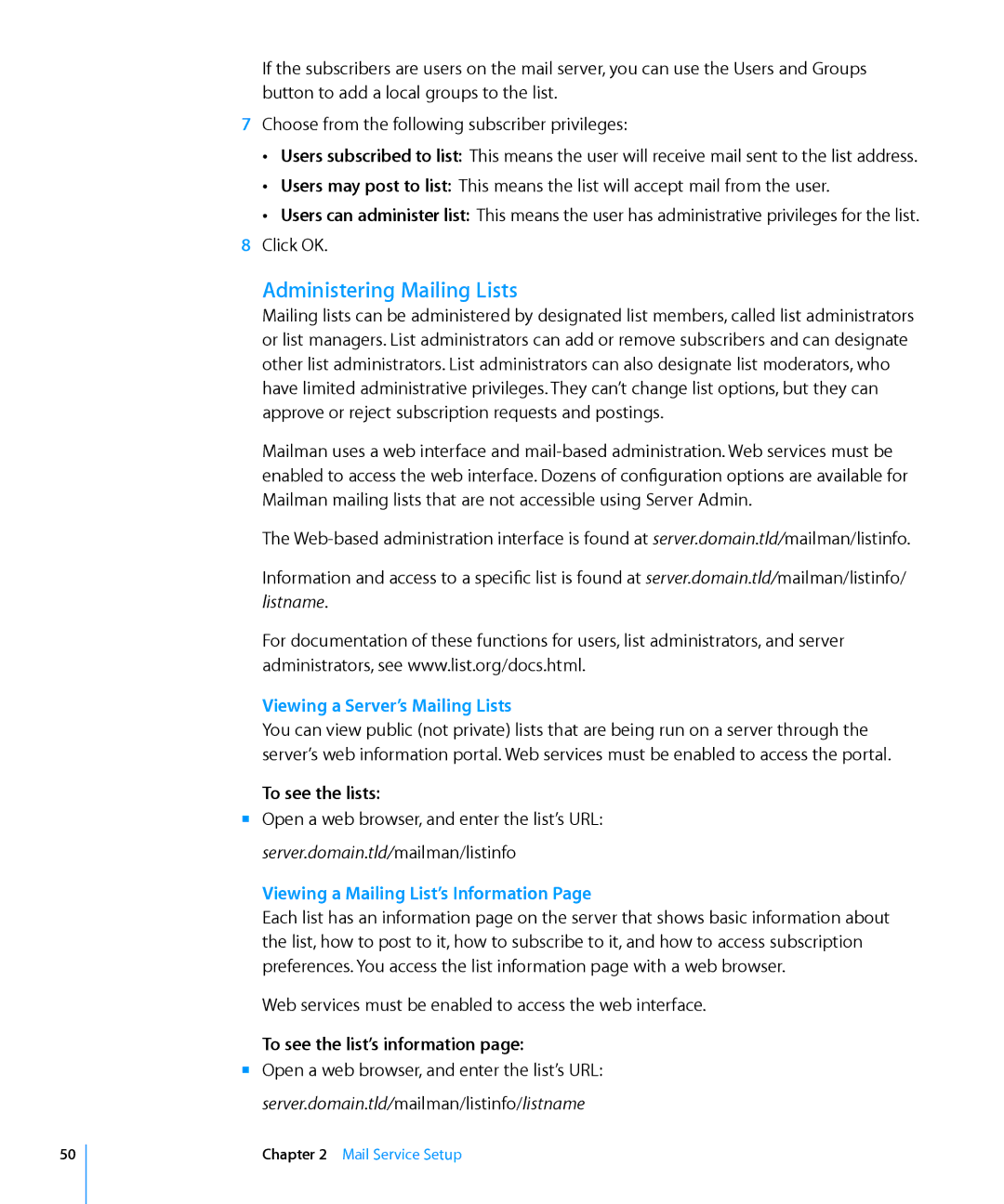 Apple 10.6 Administering Mailing Lists, Viewing a Server’s Mailing Lists, To see the lists, To see the list’s information 