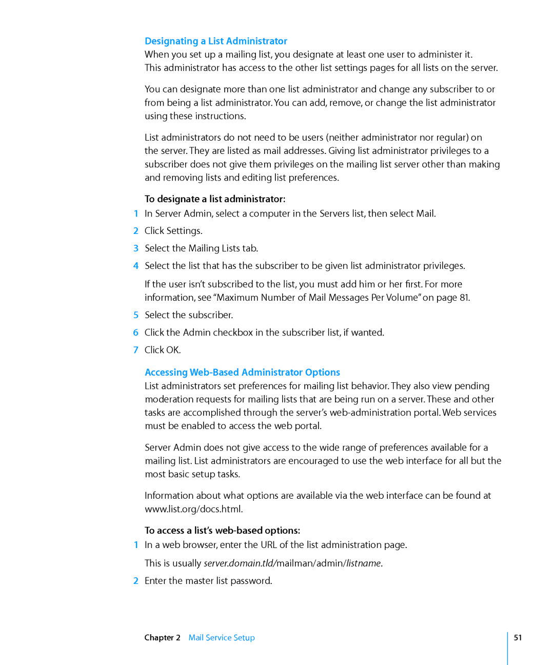 Apple 10.6 Designating a List Administrator, To designate a list administrator, Accessing Web-Based Administrator Options 