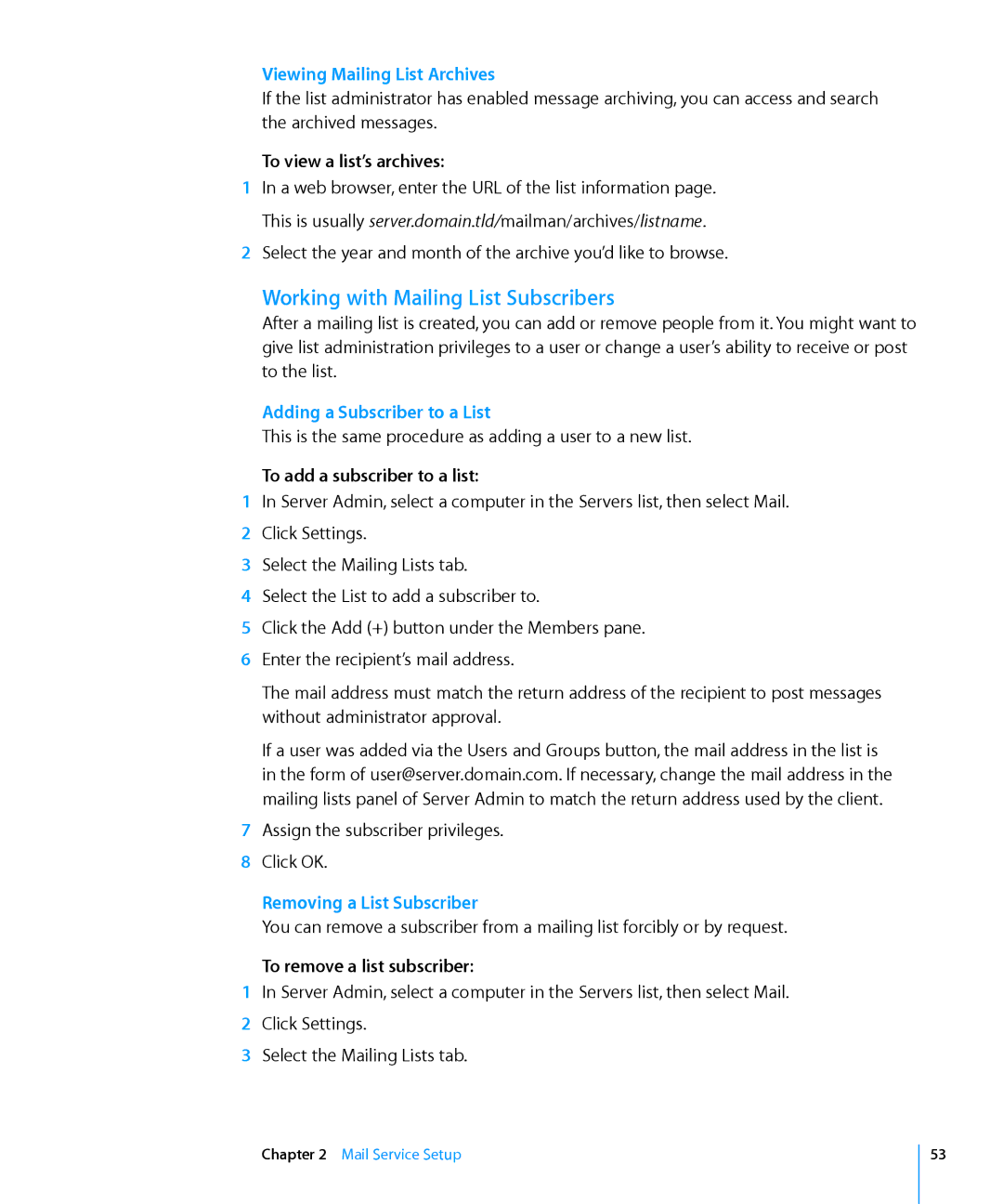 Apple 10.6 manual Working with Mailing List Subscribers, Viewing Mailing List Archives, Adding a Subscriber to a List 