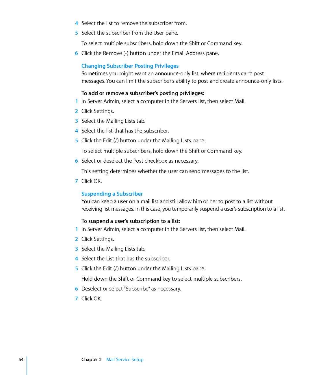 Apple 10.6 manual Changing Subscriber Posting Privileges, To add or remove a subscriber’s posting privileges 