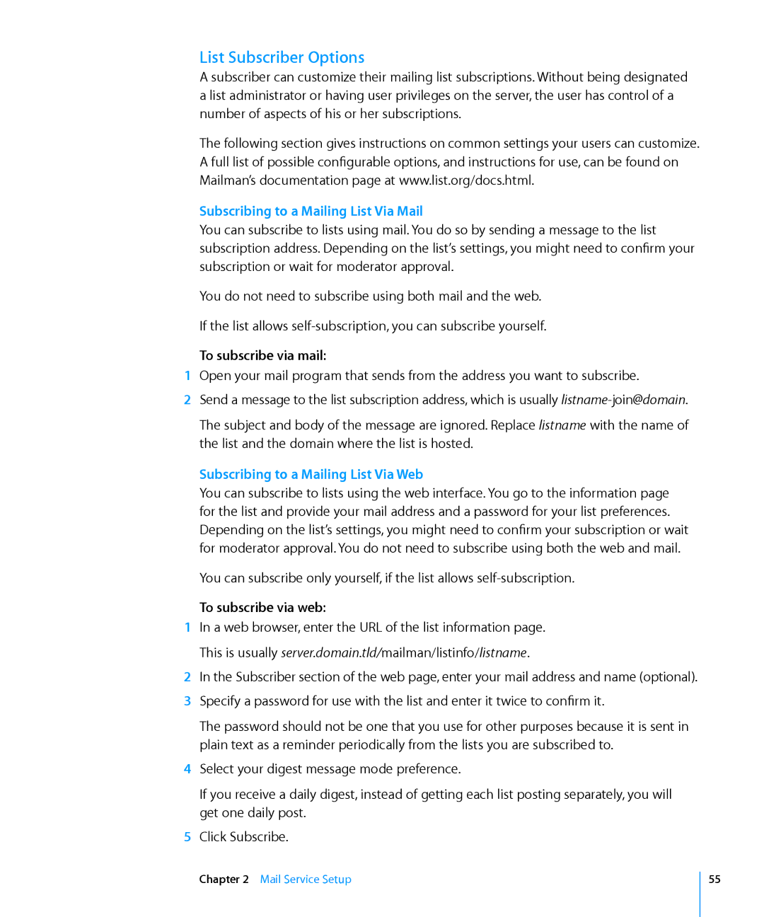 Apple 10.6 List Subscriber Options, Subscribing to a Mailing List Via Mail, To subscribe via mail, To subscribe via web 