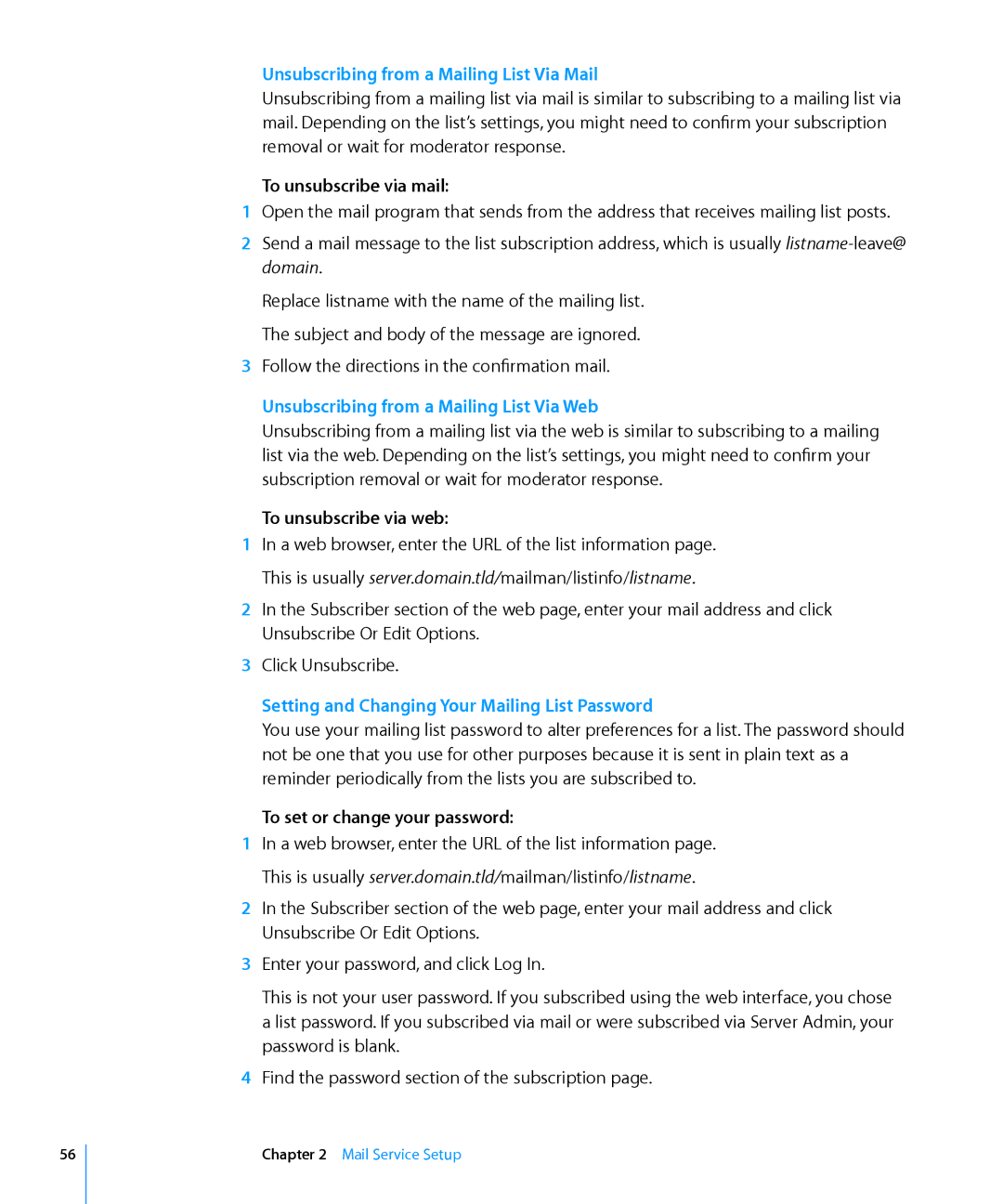 Apple 10.6 manual Unsubscribing from a Mailing List Via Mail, Unsubscribing from a Mailing List Via Web 