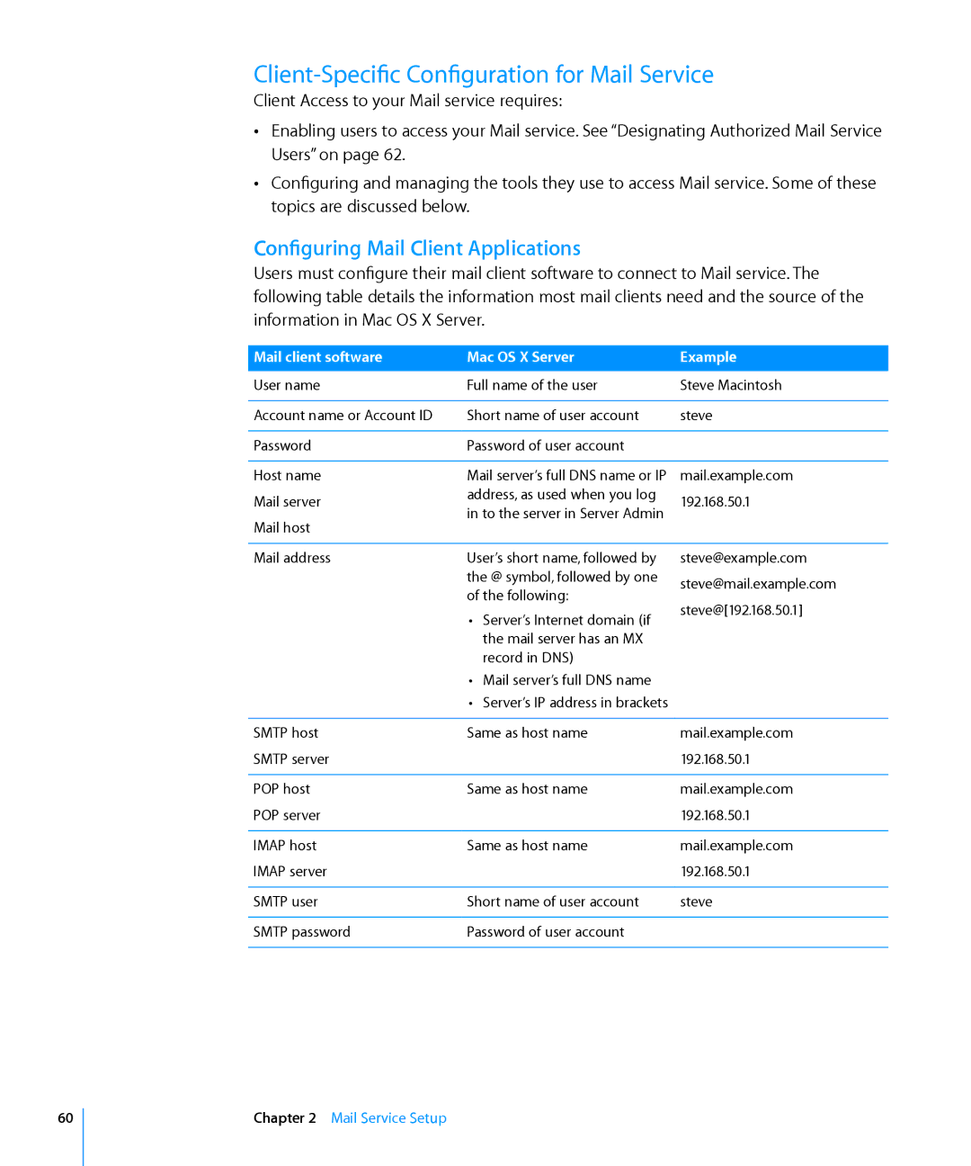 Apple 10.6 manual Client-Specific Configuration for Mail Service, Configuring Mail Client Applications 