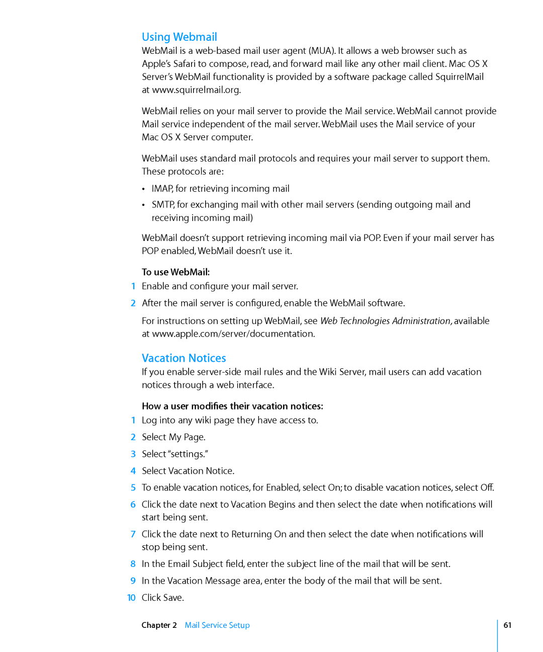 Apple 10.6 manual Using Webmail, Vacation Notices, To use WebMail, How a user modifies their vacation notices 