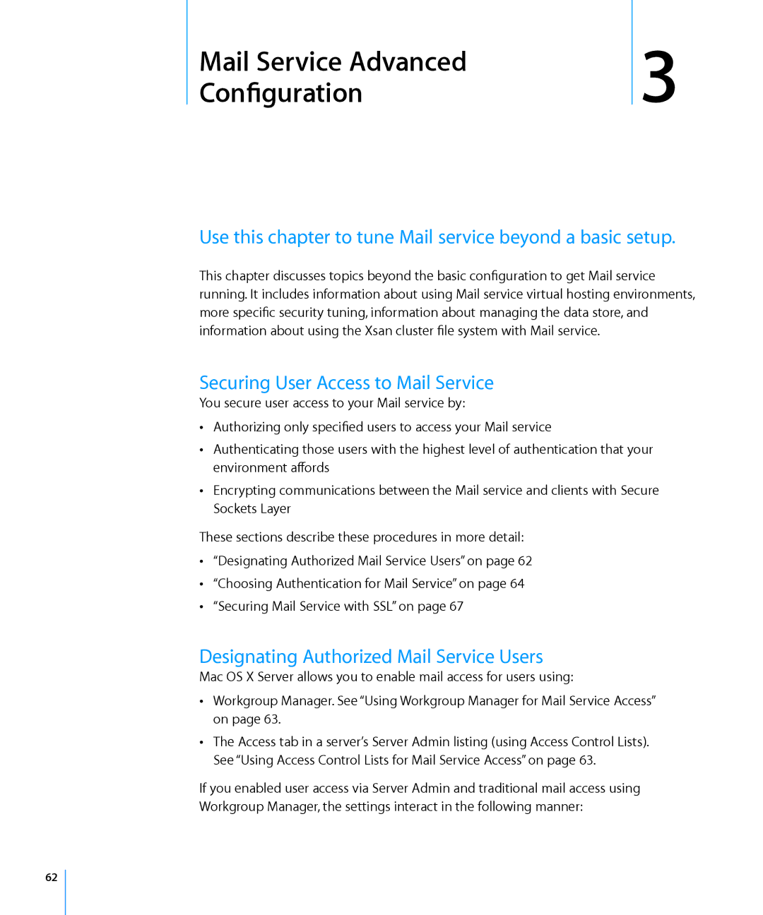 Apple 10.6 manual Use this chapter to tune Mail service beyond a basic setup, Securing User Access to Mail Service 