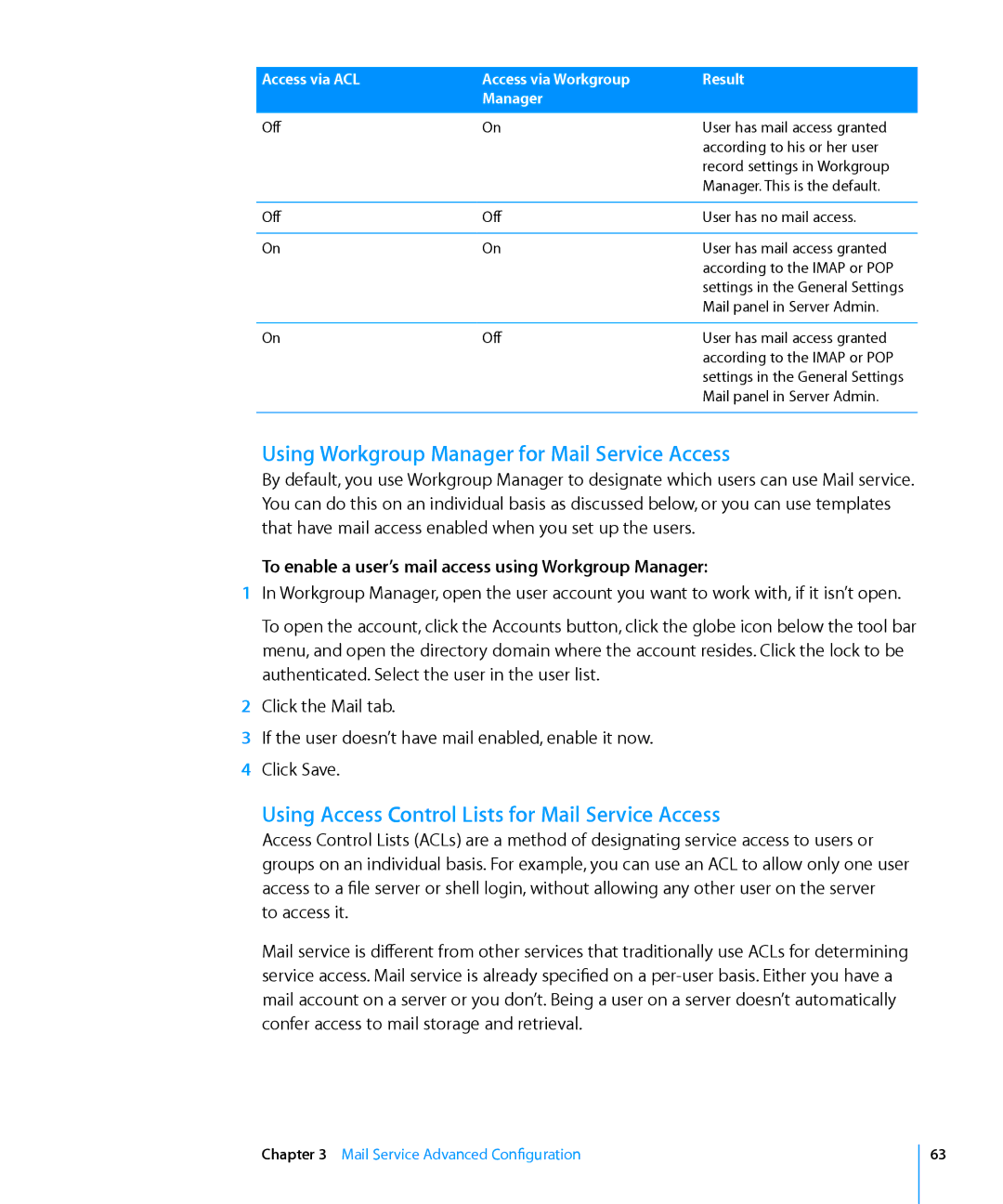 Apple 10.6 manual Using Workgroup Manager for Mail Service Access, Using Access Control Lists for Mail Service Access 