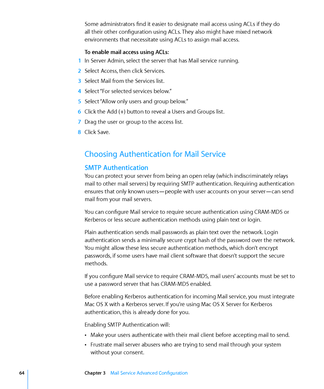 Apple 10.6 manual Choosing Authentication for Mail Service, Smtp Authentication, To enable mail access using ACLs 