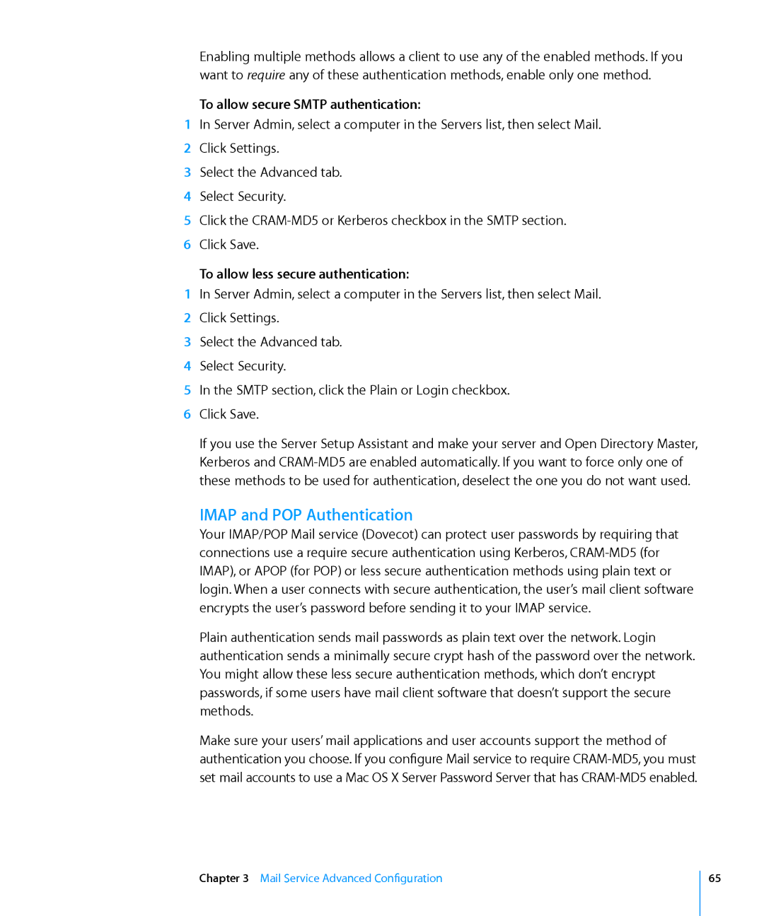 Apple 10.6 manual Imap and POP Authentication, To allow secure Smtp authentication, To allow less secure authentication 