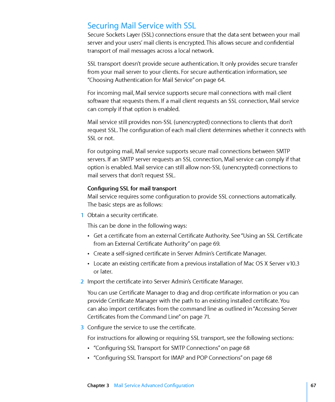 Apple 10.6 manual Securing Mail Service with SSL, Configuring SSL for mail transport 