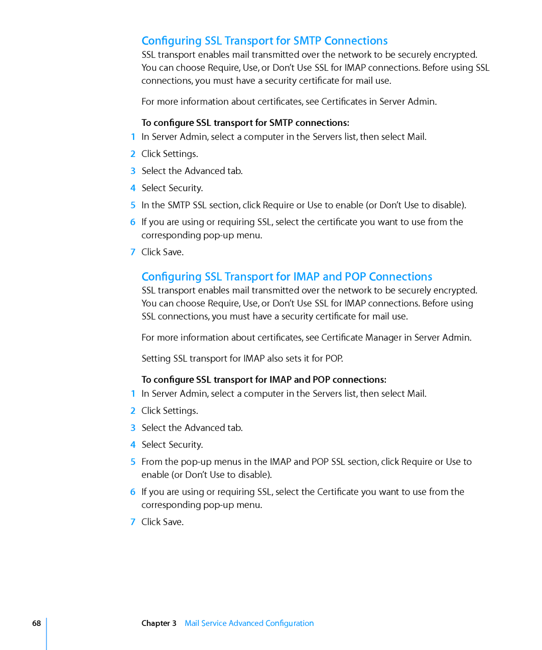 Apple 10.6 manual Configuring SSL Transport for Smtp Connections, Configuring SSL Transport for Imap and POP Connections 