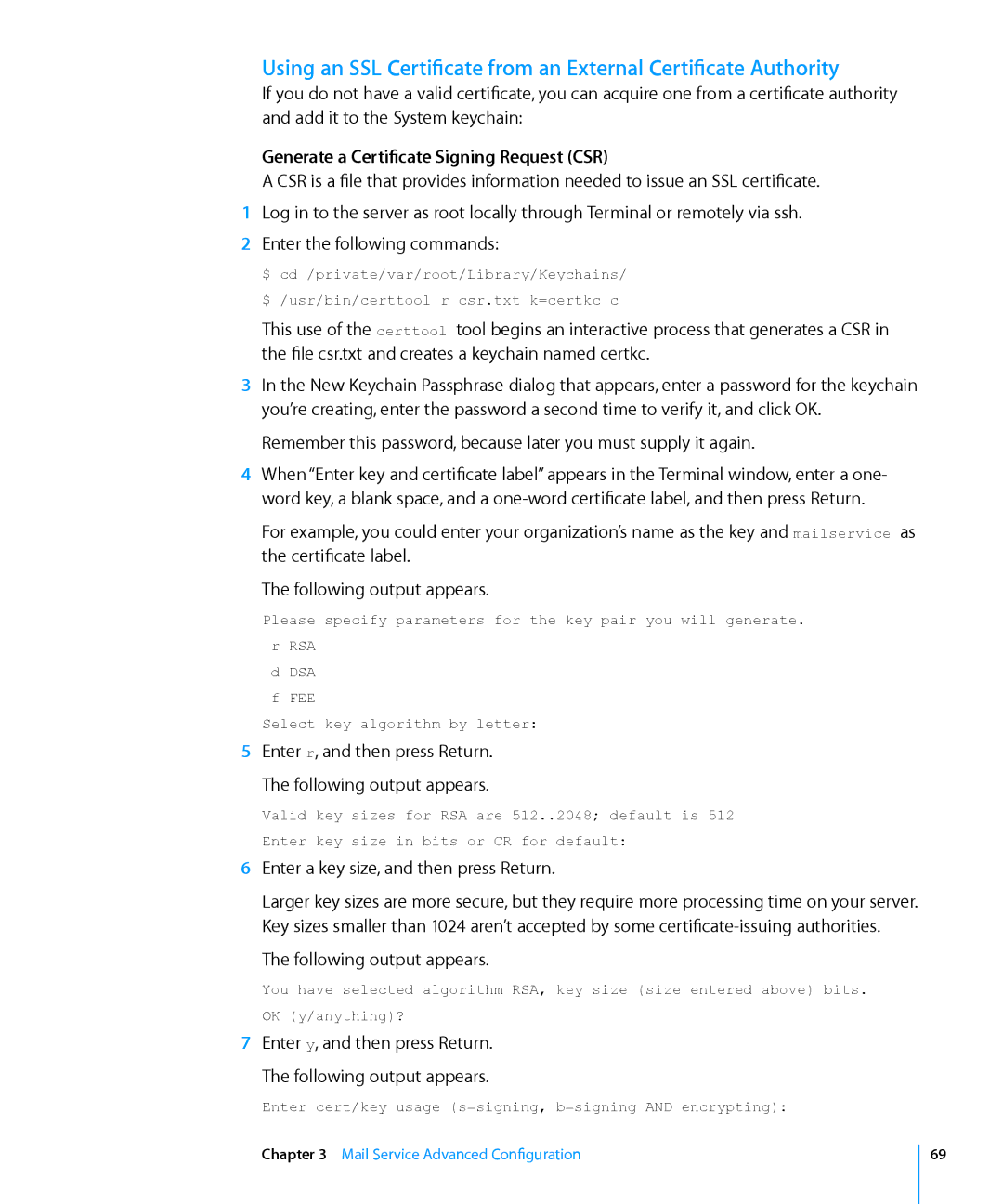 Apple 10.6 manual Generate a Certificate Signing Request CSR, Enter a key size, and then press Return 