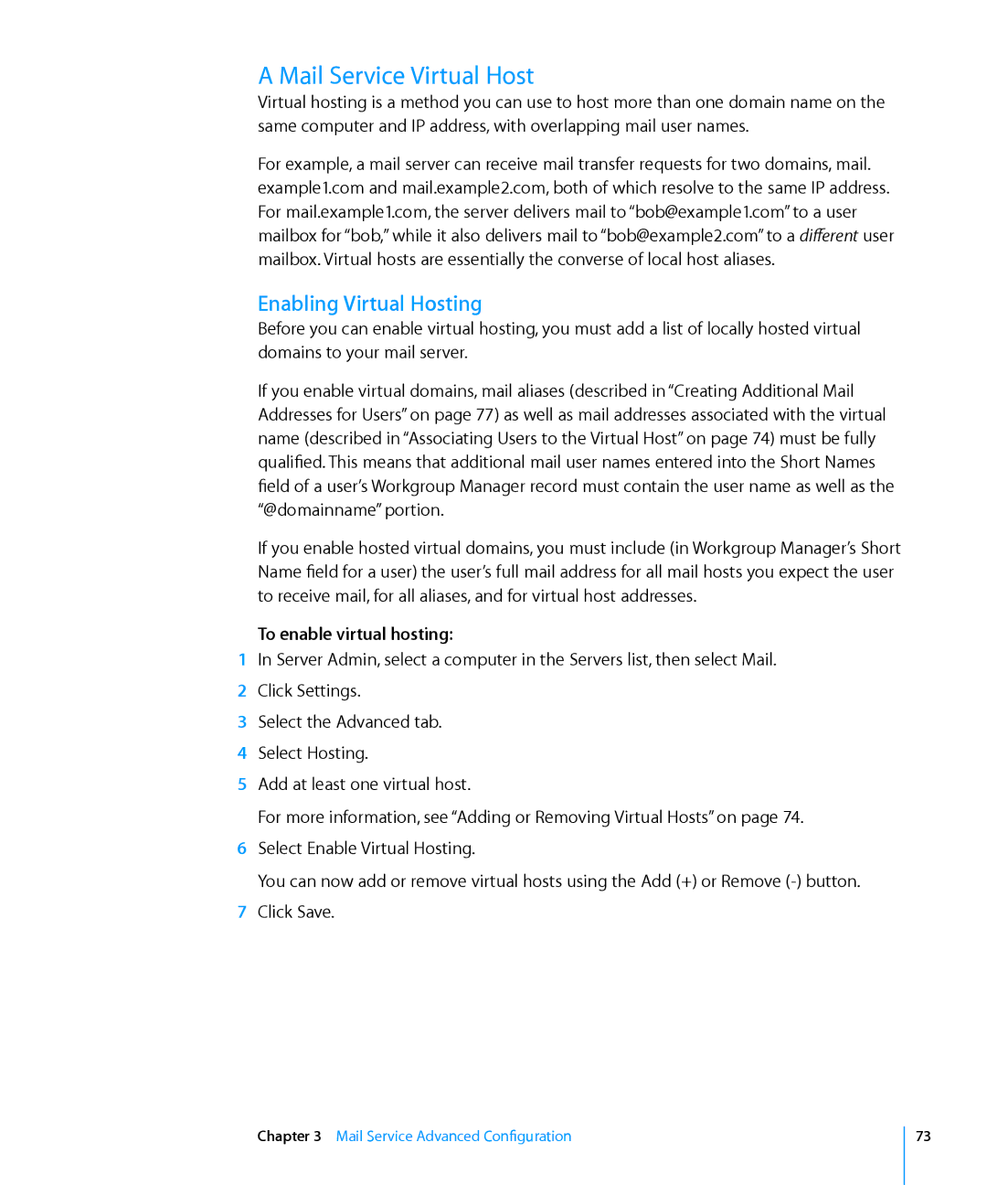 Apple 10.6 manual Mail Service Virtual Host, Enabling Virtual Hosting, To enable virtual hosting 