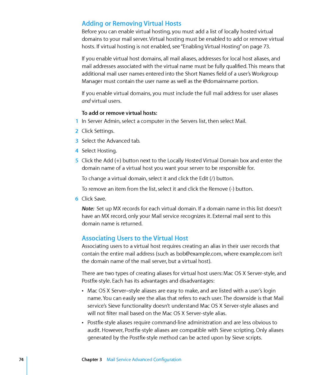 Apple 10.6 manual Adding or Removing Virtual Hosts, Associating Users to the Virtual Host, To add or remove virtual hosts 