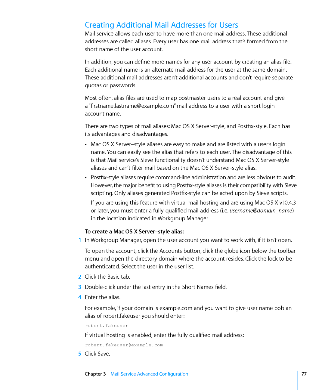 Apple 10.6 manual Creating Additional Mail Addresses for Users, To create a Mac OS X Server-style alias 