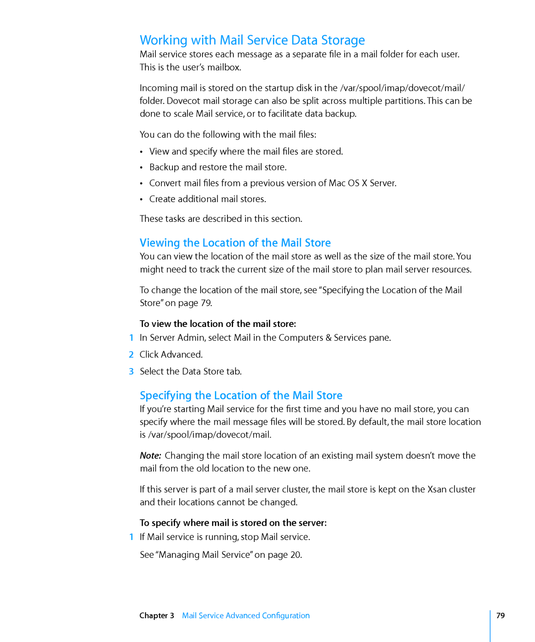 Apple 10.6 manual Working with Mail Service Data Storage, Viewing the Location of the Mail Store 