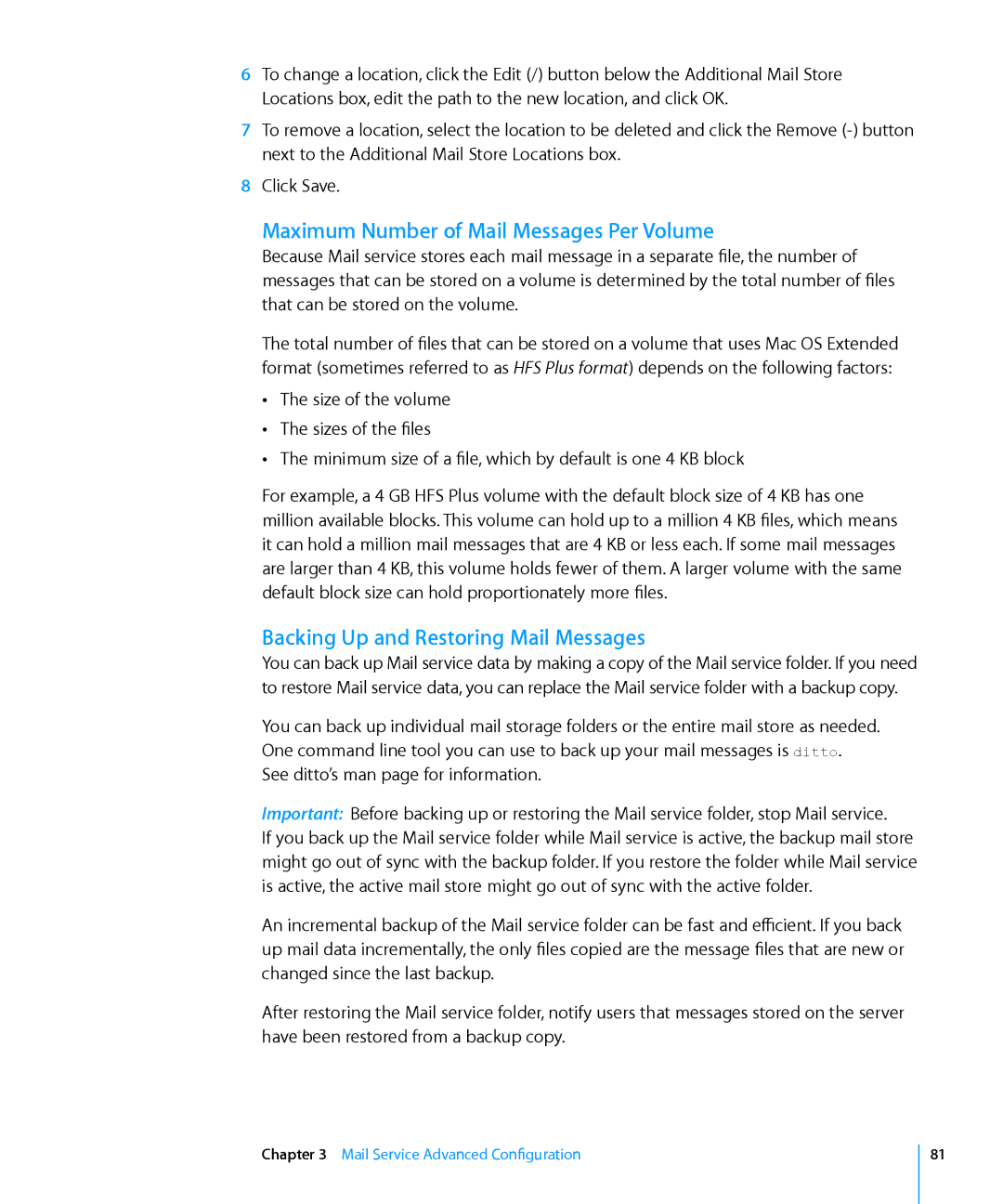 Apple 10.6 manual Maximum Number of Mail Messages Per Volume, Backing Up and Restoring Mail Messages 