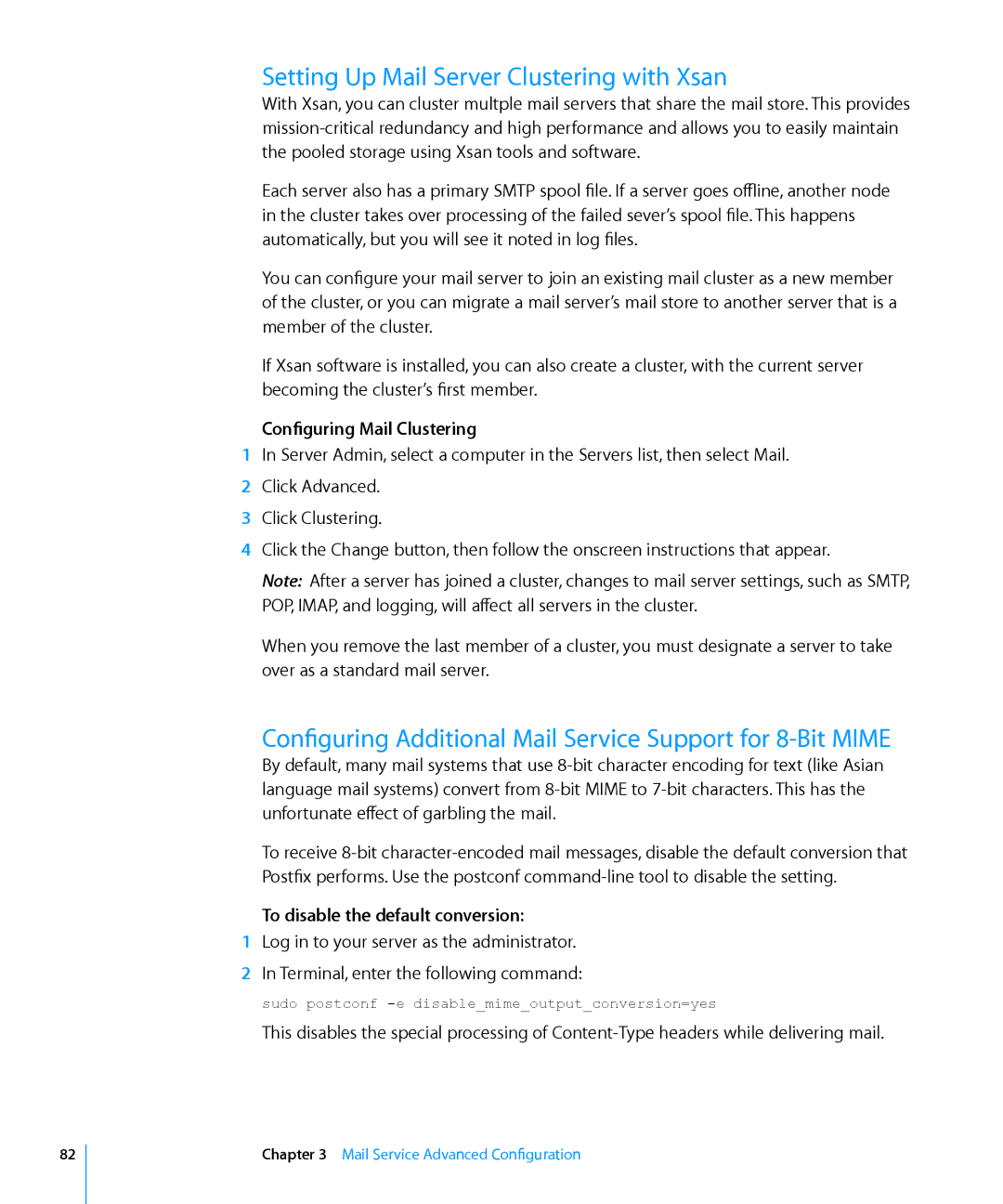 Apple 10.6 manual Setting Up Mail Server Clustering with Xsan, Configuring Additional Mail Service Support for 8-Bit Mime 