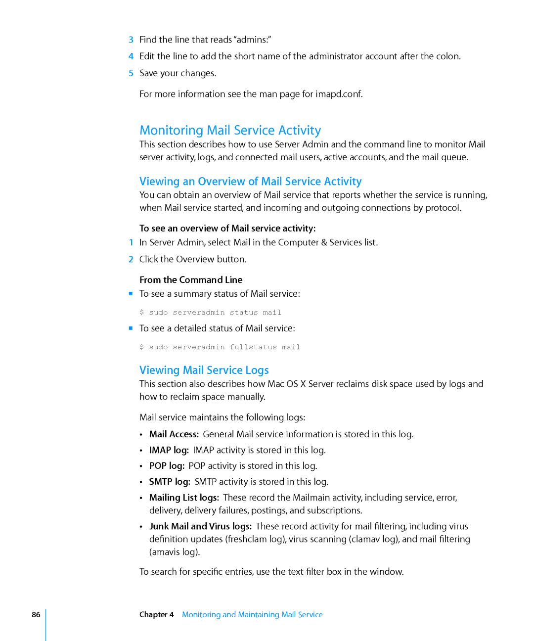 Apple 10.6 manual Monitoring Mail Service Activity, Viewing an Overview of Mail Service Activity, Viewing Mail Service Logs 