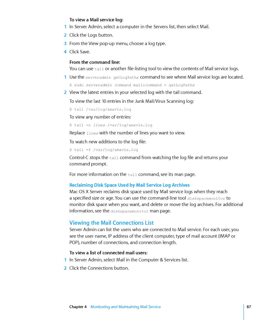 Apple 10.6 manual Viewing the Mail Connections List, To view a Mail service log, To view a list of connected mail users 