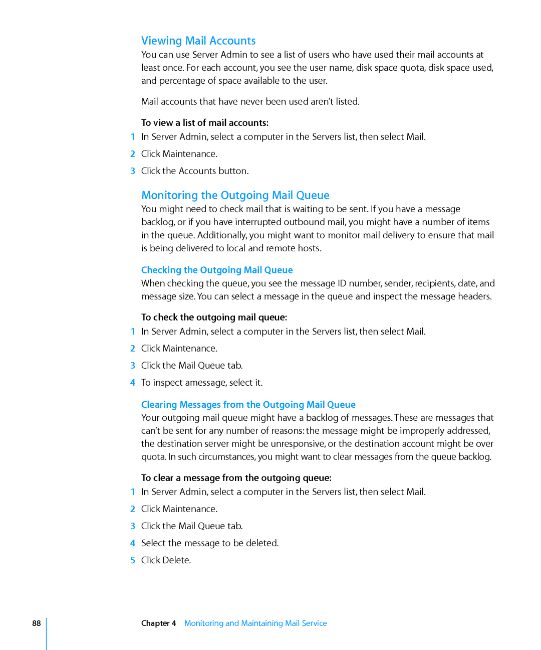 Apple 10.6 manual Viewing Mail Accounts, Monitoring the Outgoing Mail Queue, Checking the Outgoing Mail Queue 