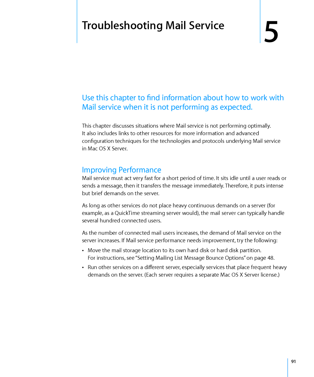 Apple 10.6 manual Troubleshooting Mail Service, Improving Performance 