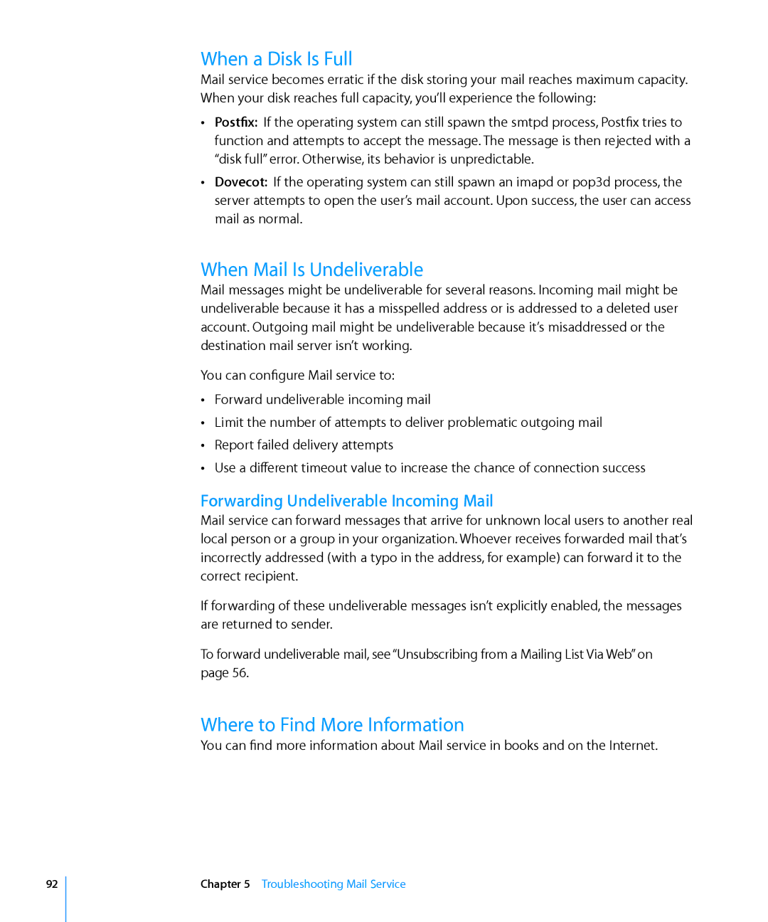 Apple 10.6 manual When a Disk Is Full, When Mail Is Undeliverable, Where to Find More Information 