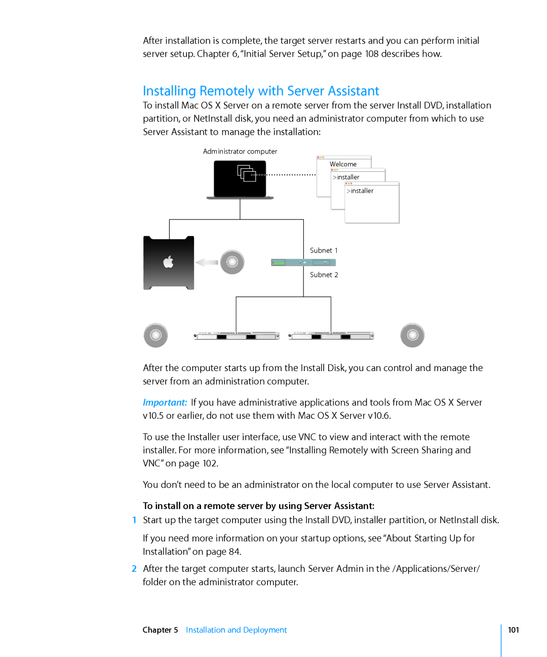 Apple 10.6 manual Installing Remotely with Server Assistant, To install on a remote server by using Server Assistant 