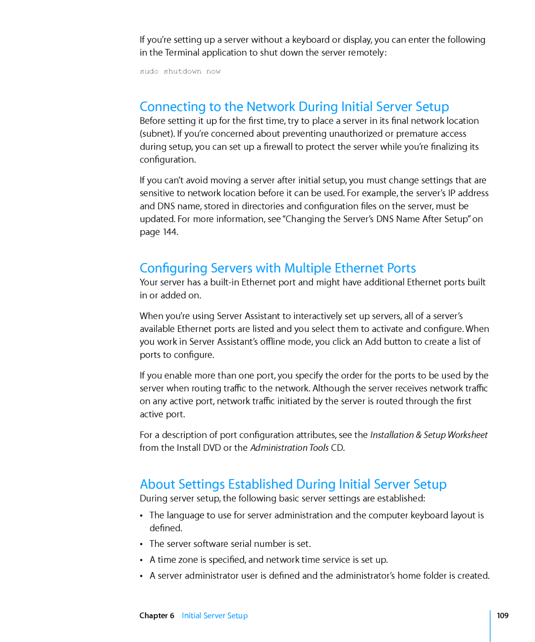 Apple 10.6 manual Connecting to the Network During Initial Server Setup, Configuring Servers with Multiple Ethernet Ports 