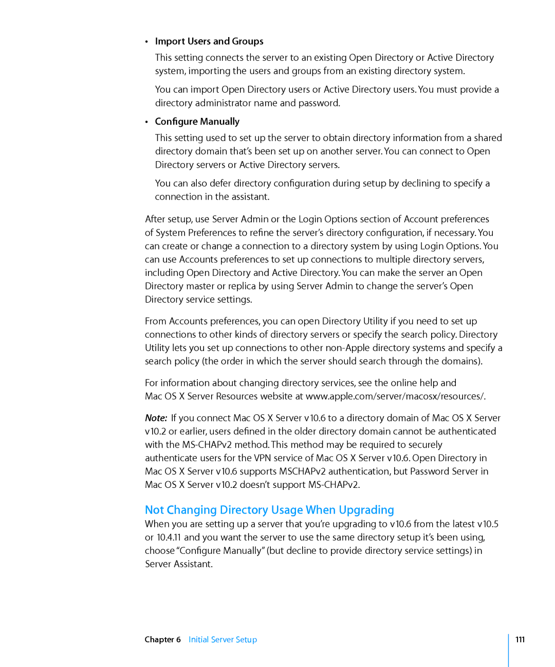 Apple 10.6 manual Not Changing Directory Usage When Upgrading, ÂÂ Import Users and Groups, ÂÂ Configure Manually 