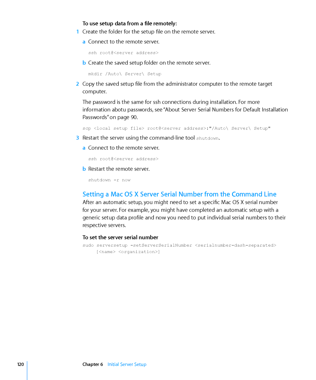 Apple 10.6 manual To use setup data from a file remotely, Create the saved setup folder on the remote server 