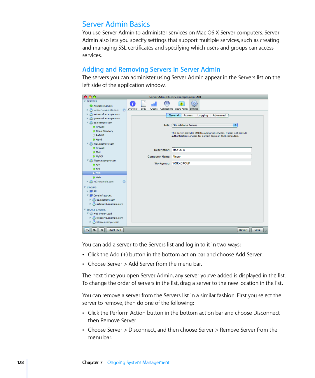 Apple 10.6 manual Server Admin Basics, Adding and Removing Servers in Server Admin 