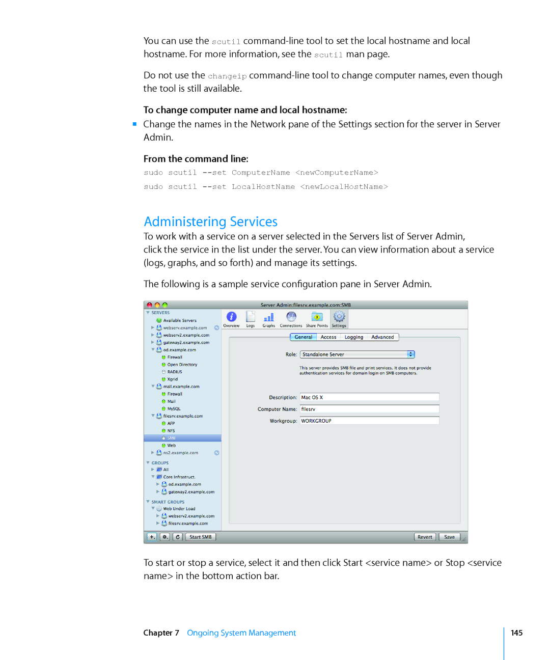 Apple 10.6 manual Administering Services, To change computer name and local hostname, From the command line 