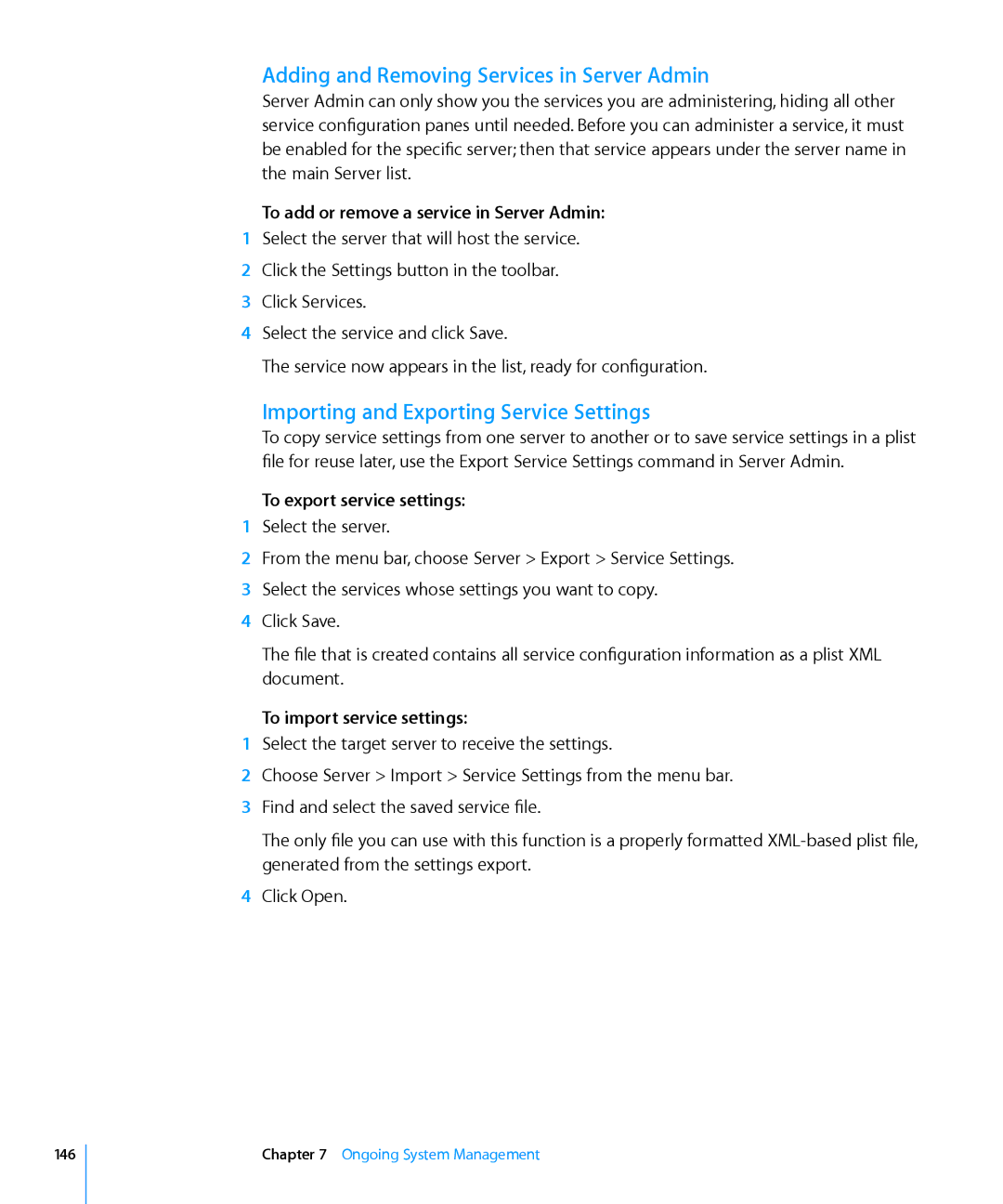 Apple 10.6 manual Adding and Removing Services in Server Admin, Importing and Exporting Service Settings 
